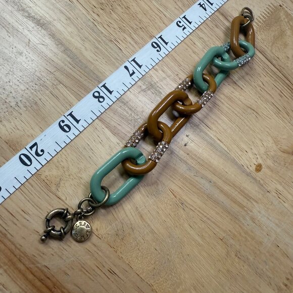 J Crew Chunky Chain Link Bracelet W/ Rhinestone Accents Green & Brown Enamel Gol - Picture 8 of 10